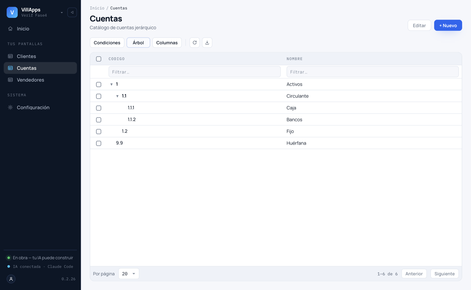 Catálogo de cuentas en vista de árbol