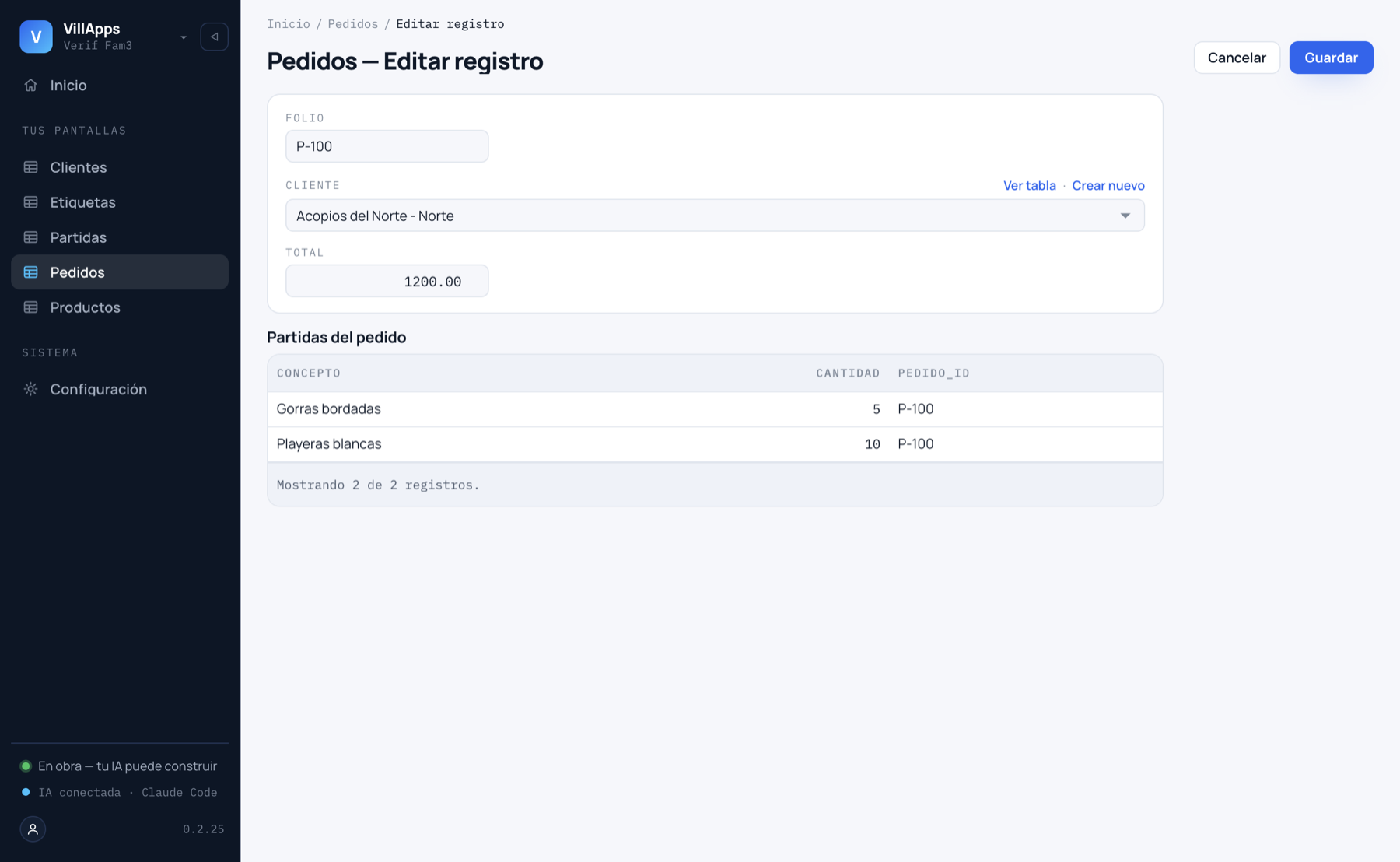 Pantalla de pedidos con partidas